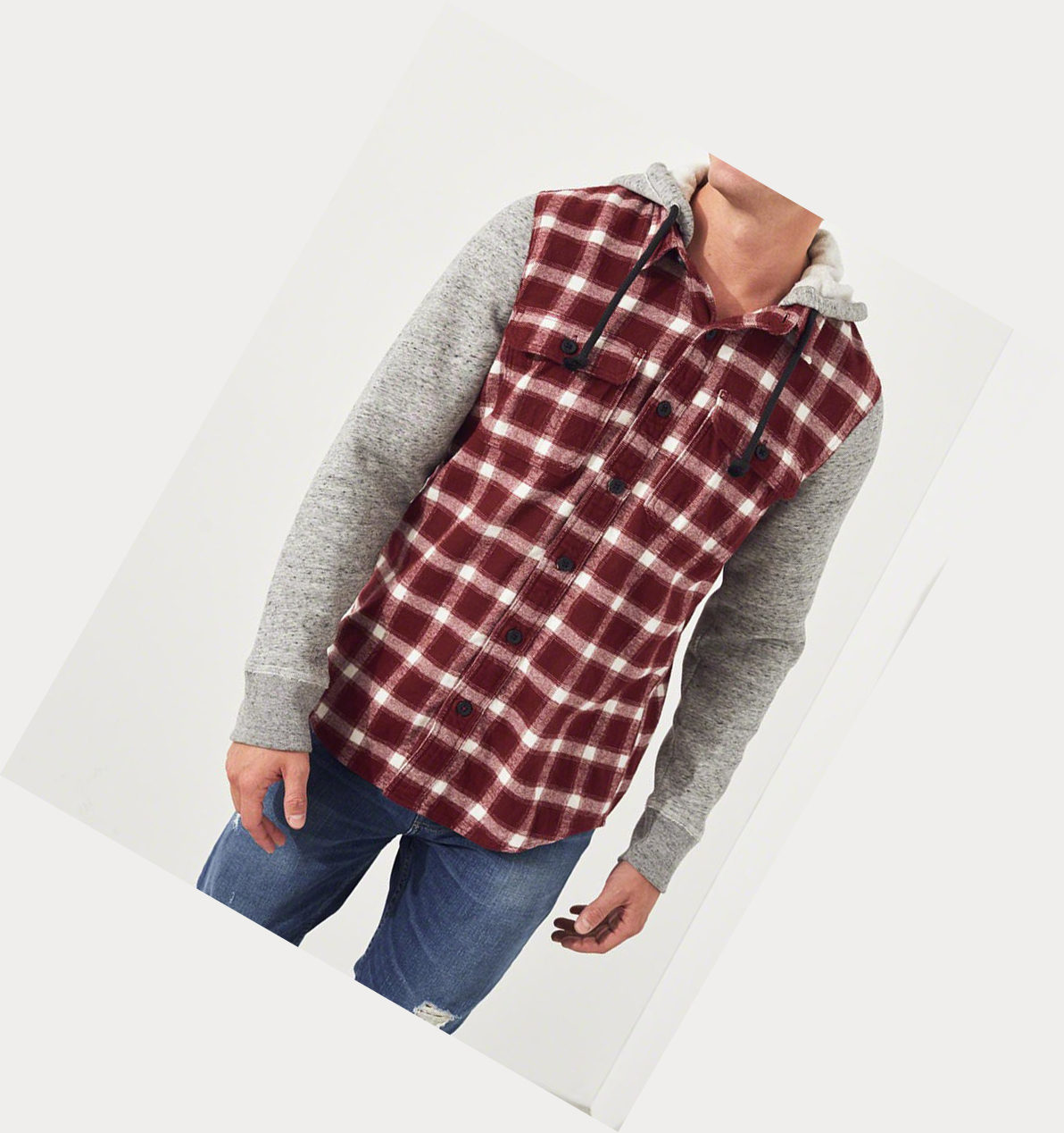 Burgundy Hollister Hooded Flannel Men's Long Sleeve | ZA-WLYM654