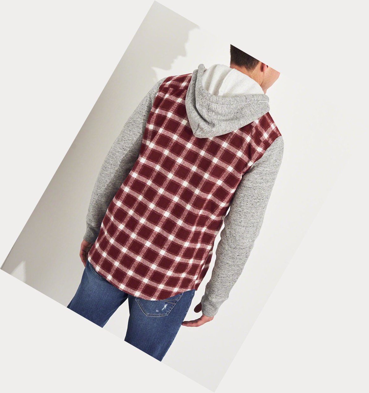 Burgundy Hollister Hooded Flannel Men's Long Sleeve | ZA-WLYM654