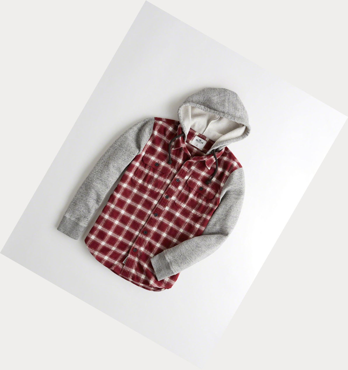 Burgundy Hollister Hooded Flannel Men\'s Long Sleeve | ZA-WLYM654