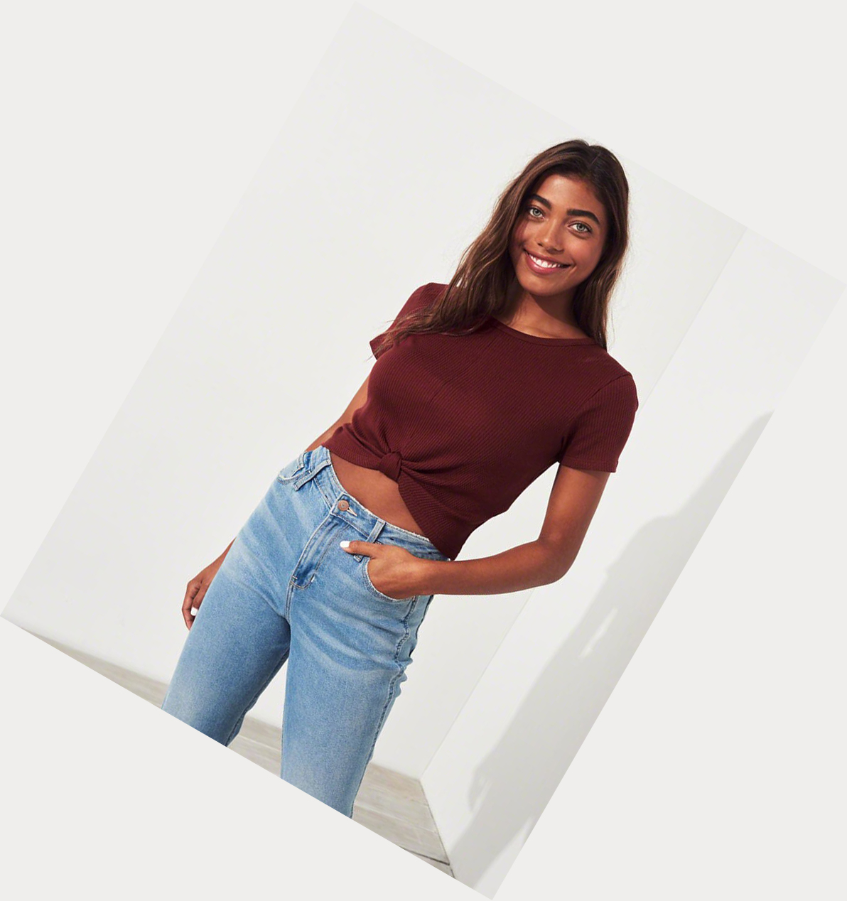 Burgundy Hollister Knot-Front Crop Women's Short Sleeve | ZA-TPHE873