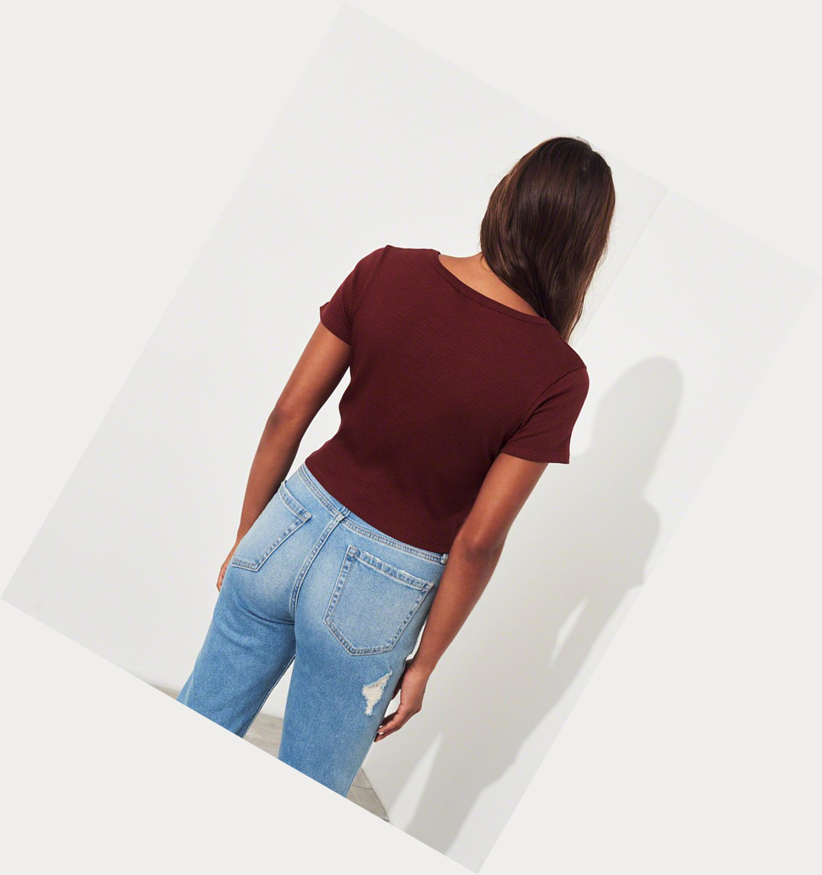 Burgundy Hollister Knot-Front Crop Women's Short Sleeve | ZA-TPHE873