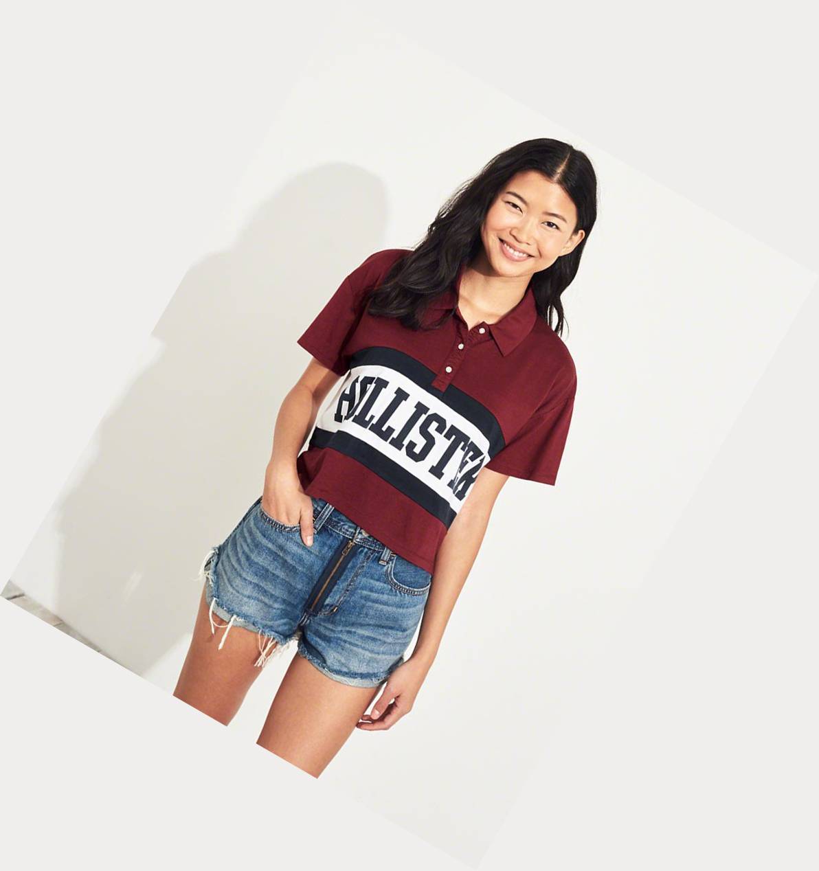 Burgundy Hollister Logo Stripe Crop Women's Polo Shirts | ZA-EUXW354