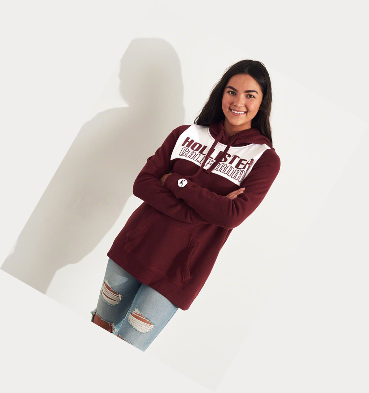 Burgundy Hollister Oversized Colorblock Women's Hoodie | ZA-WFEZ978