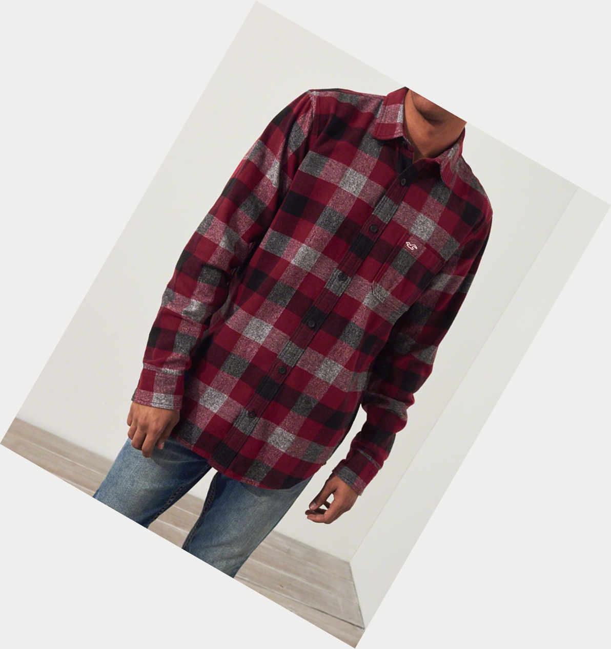 Burgundy Hollister Plaid Flannel Men's Long Sleeve | ZA-WNAQ539