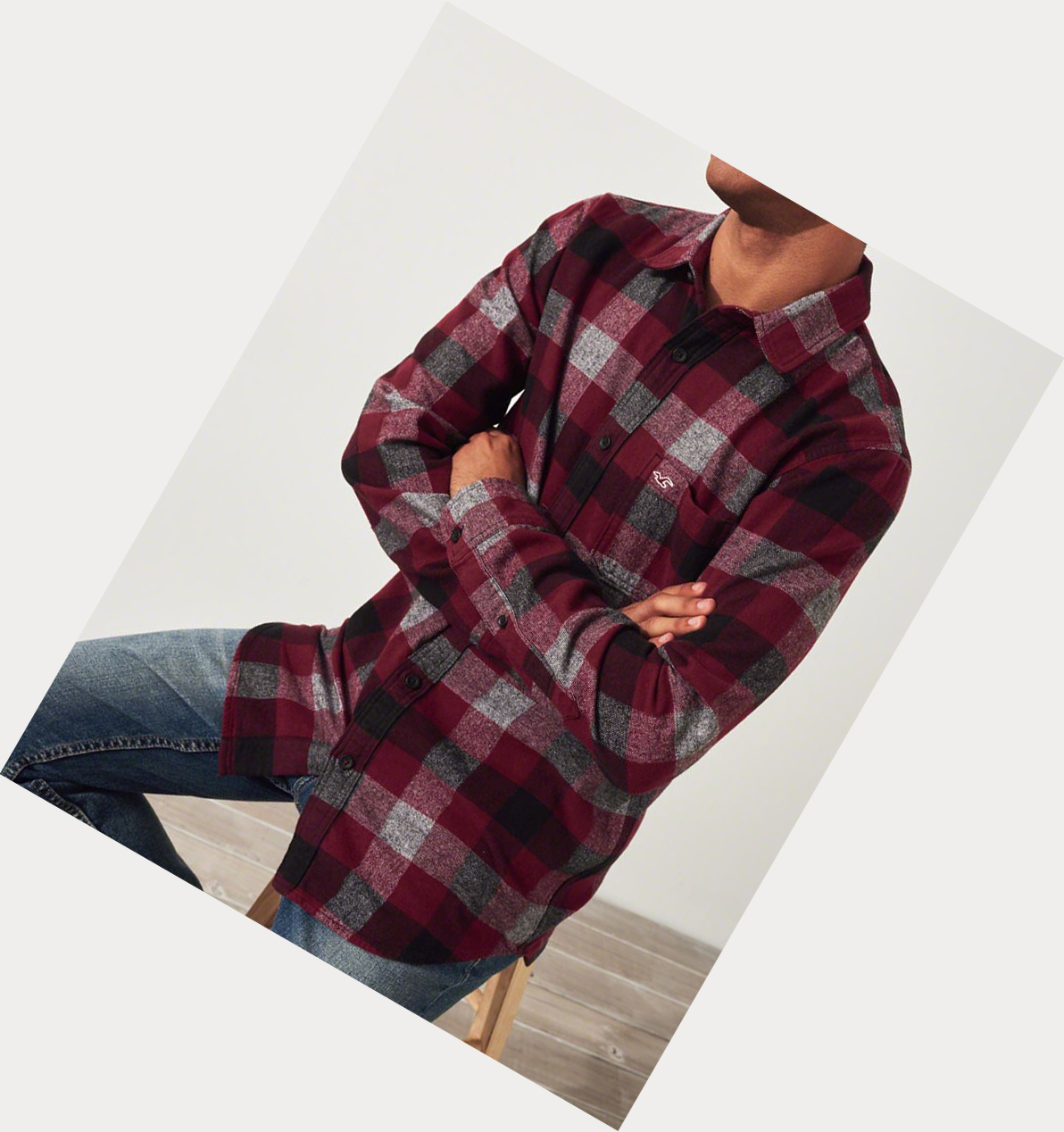 Burgundy Hollister Plaid Flannel Men's Long Sleeve | ZA-WNAQ539