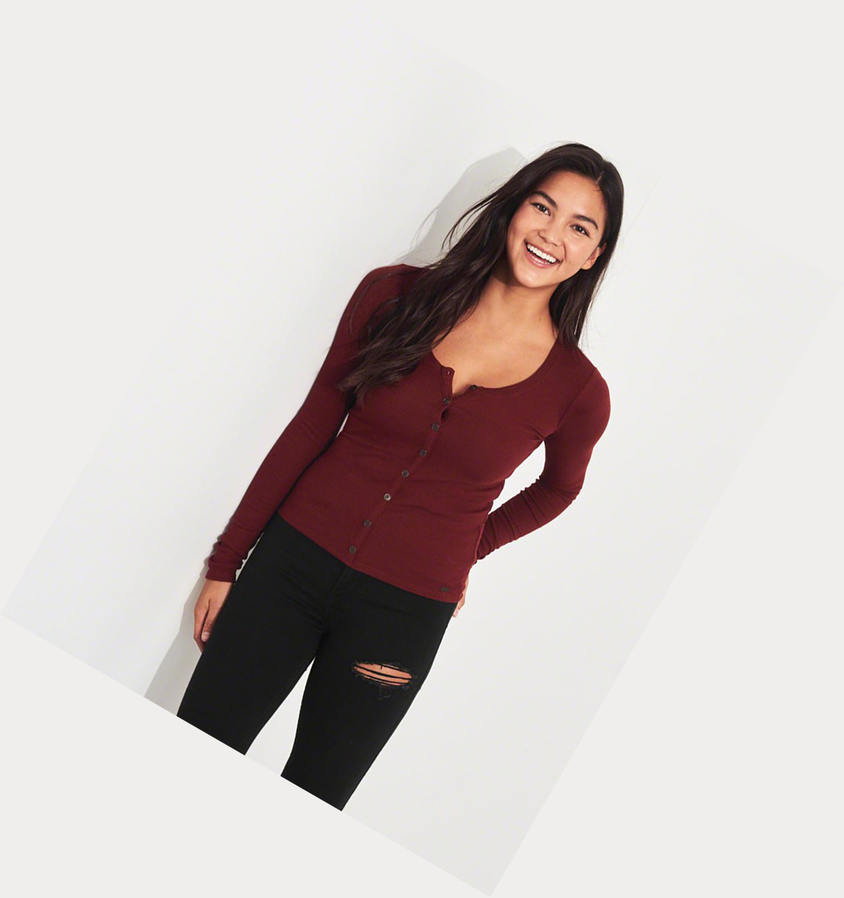 Burgundy Hollister Ribbed Henley Women's Long Sleeve | ZA-ETZY293