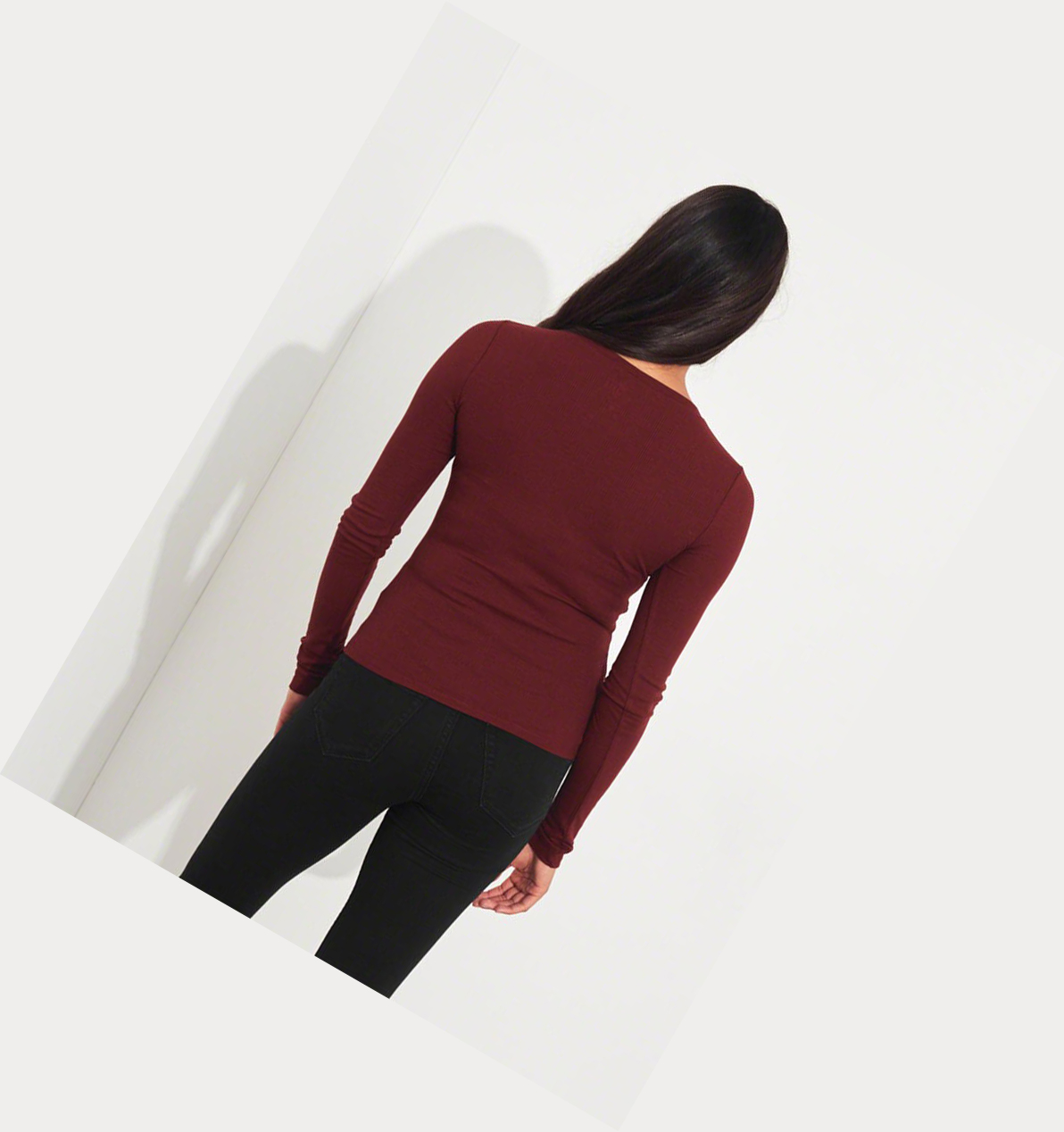 Burgundy Hollister Ribbed Henley Women's Long Sleeve | ZA-ETZY293