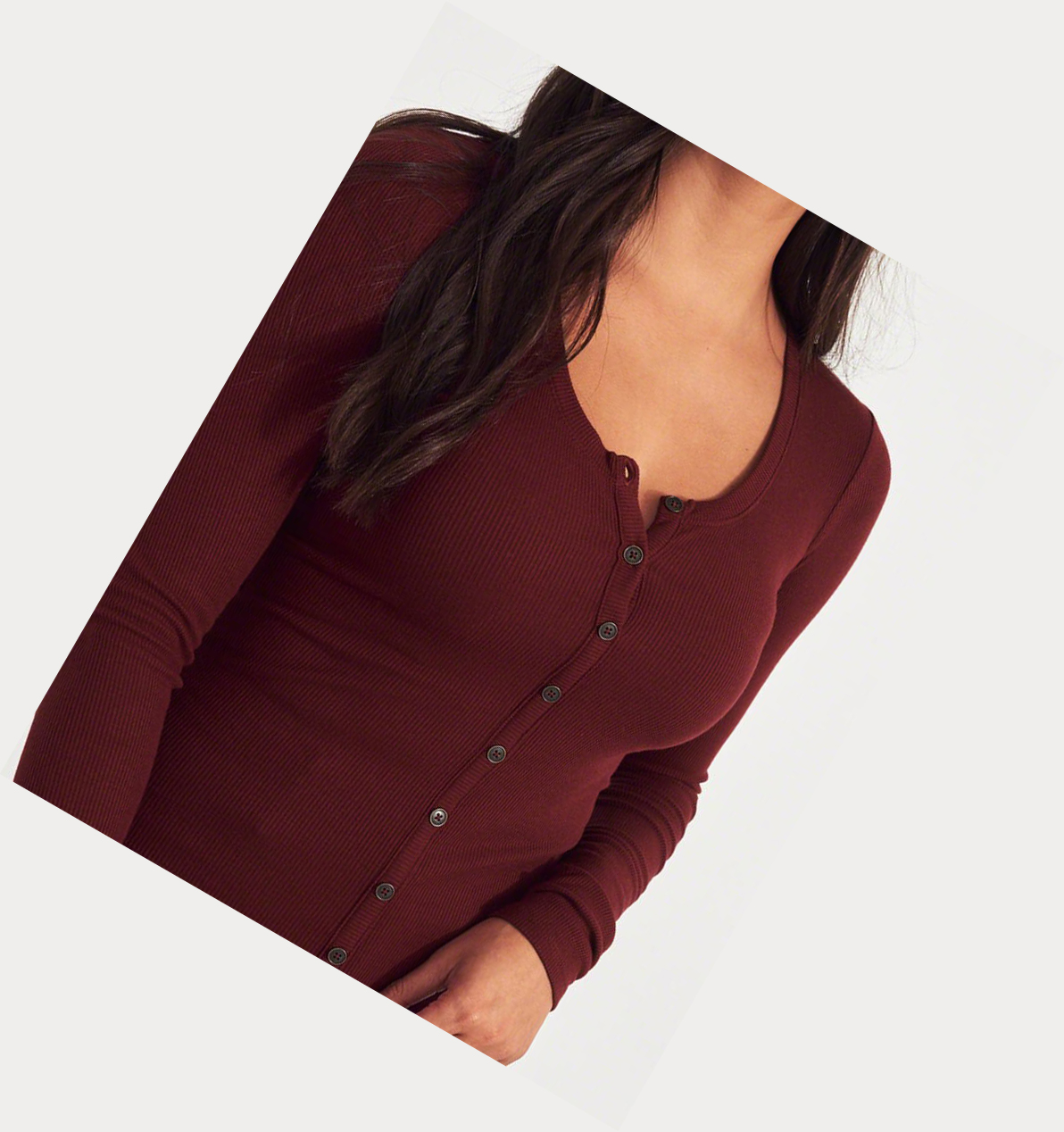 Burgundy Hollister Ribbed Henley Women's Long Sleeve | ZA-ETZY293