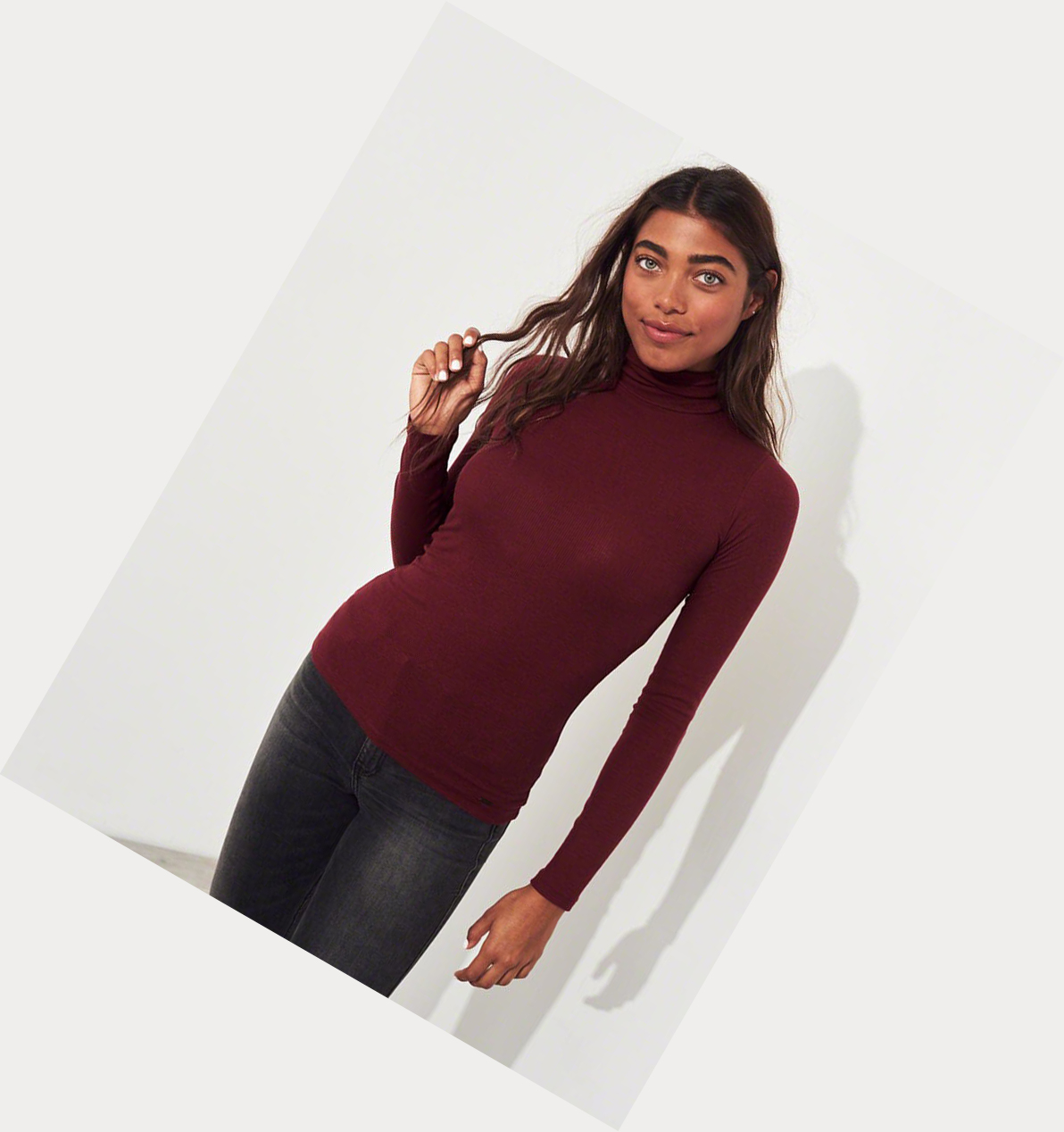 Burgundy Hollister Ribbed Turtleneck Women's Long Sleeve | ZA-QXDJ067