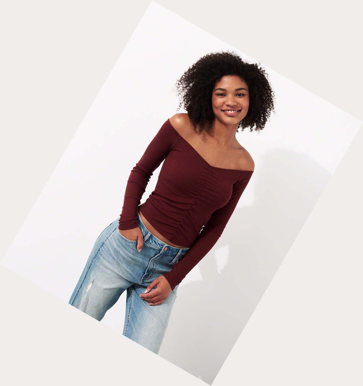 Burgundy Hollister Ruched Off-The-Shoulder Women's Long Sleeve | ZA-DIFT194