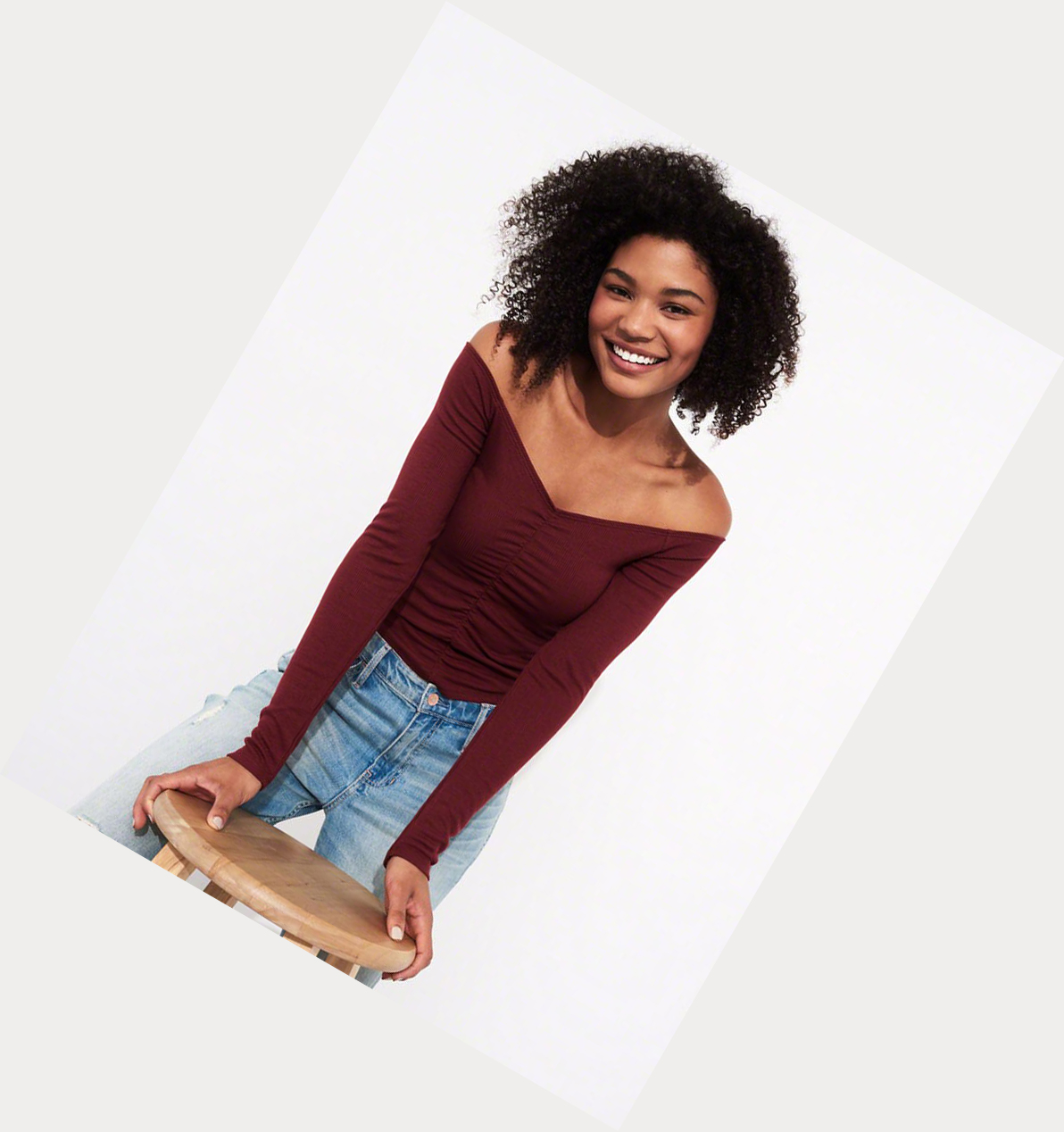 Burgundy Hollister Ruched Off-The-Shoulder Women's Long Sleeve | ZA-DIFT194