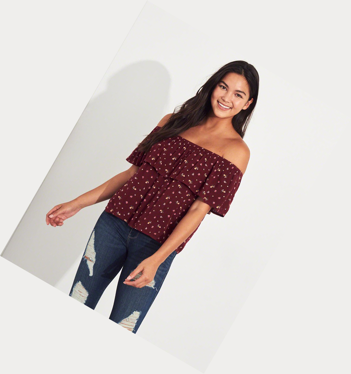 Burgundy Hollister Ruffle Off-The-Shoulder Women's Short Sleeve | ZA-HFJI340