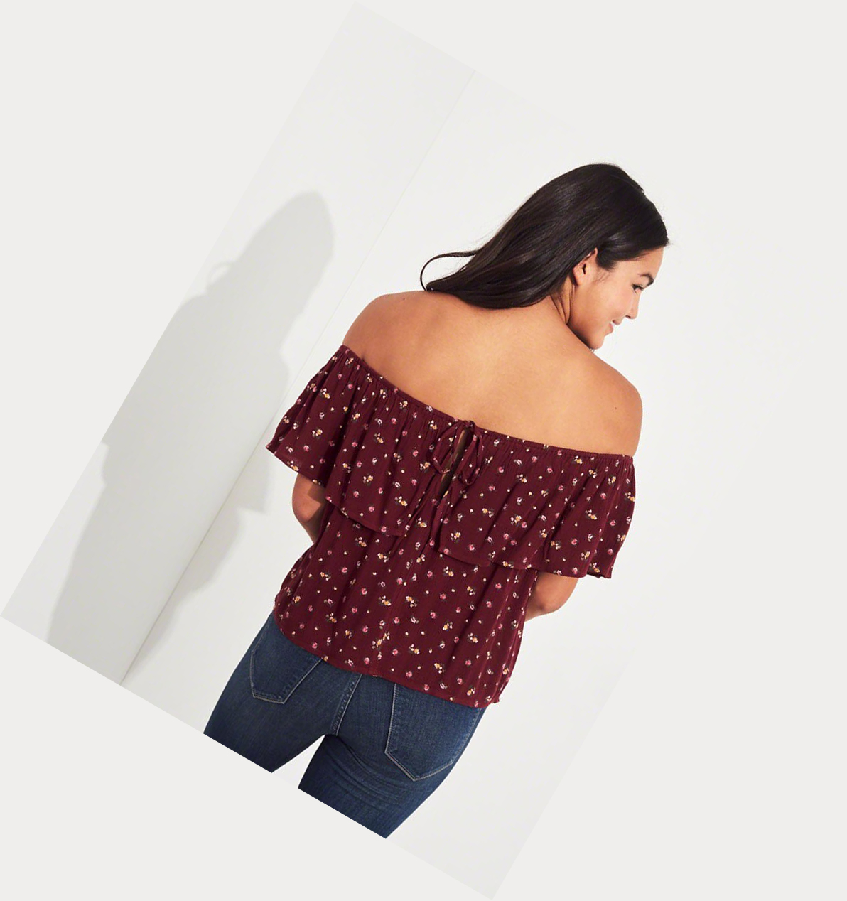 Burgundy Hollister Ruffle Off-The-Shoulder Women's Short Sleeve | ZA-HFJI340