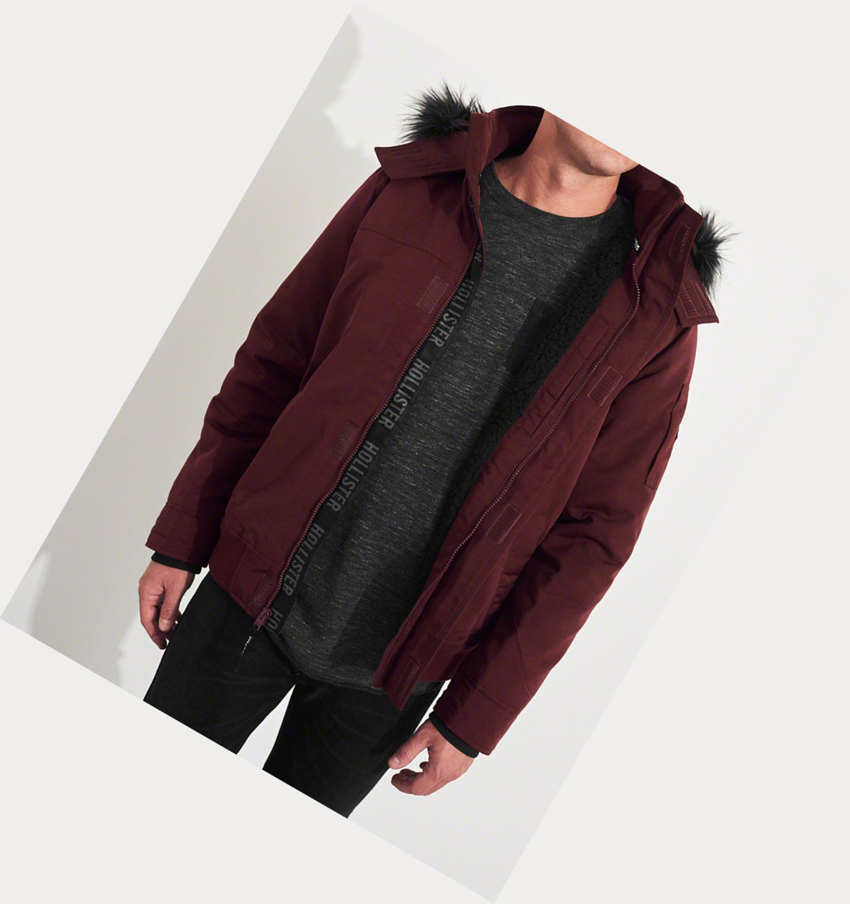 Burgundy Hollister Sherpa-Lined Hooded Men's Bomber Jackets | ZA-BDEF908