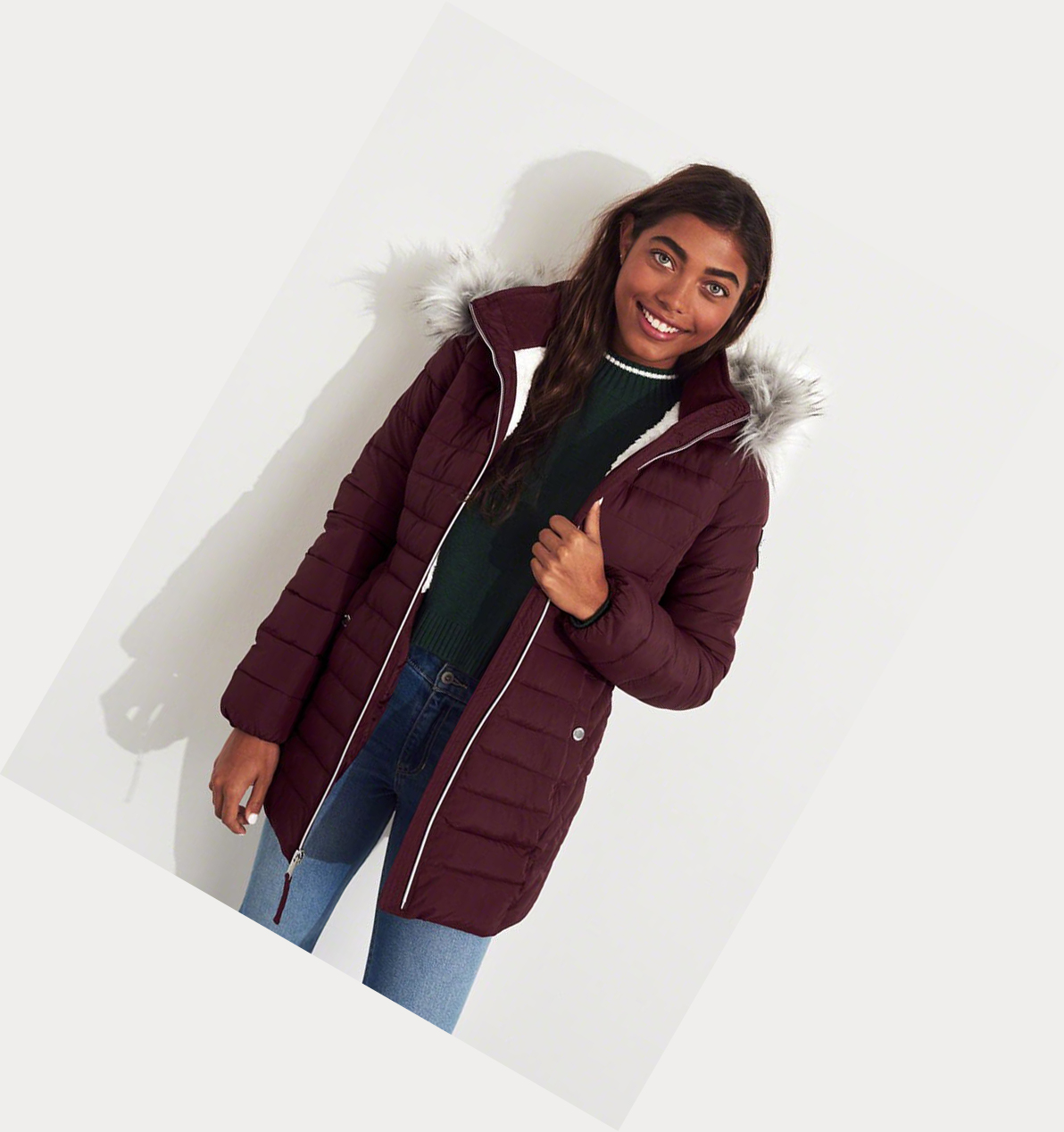 Burgundy Hollister Sherpa-Lined Puffer Women's Parka Jackets | ZA-MBQC349