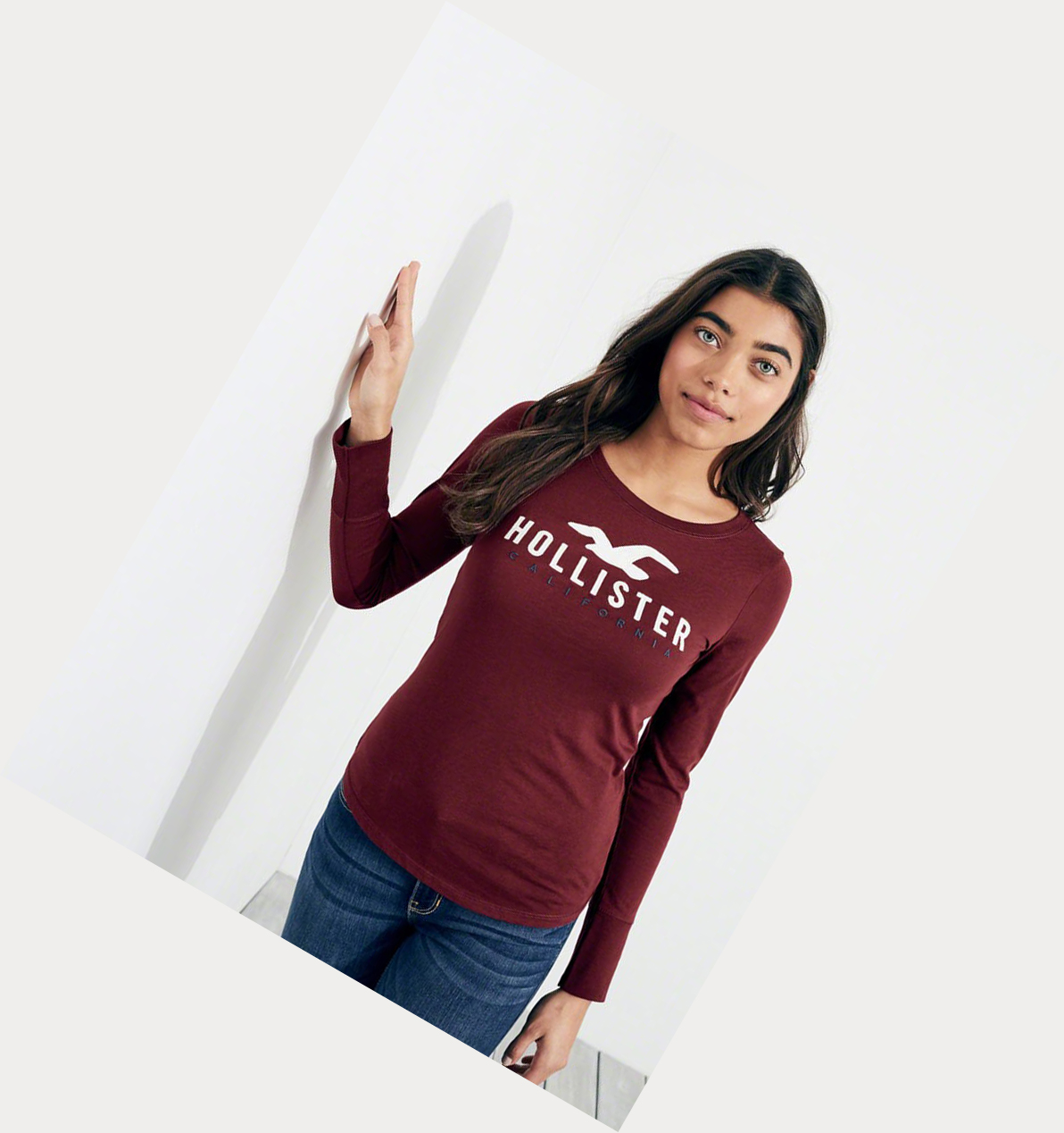 Burgundy Hollister Slim Crew Women's Long Sleeve | ZA-RDSW594