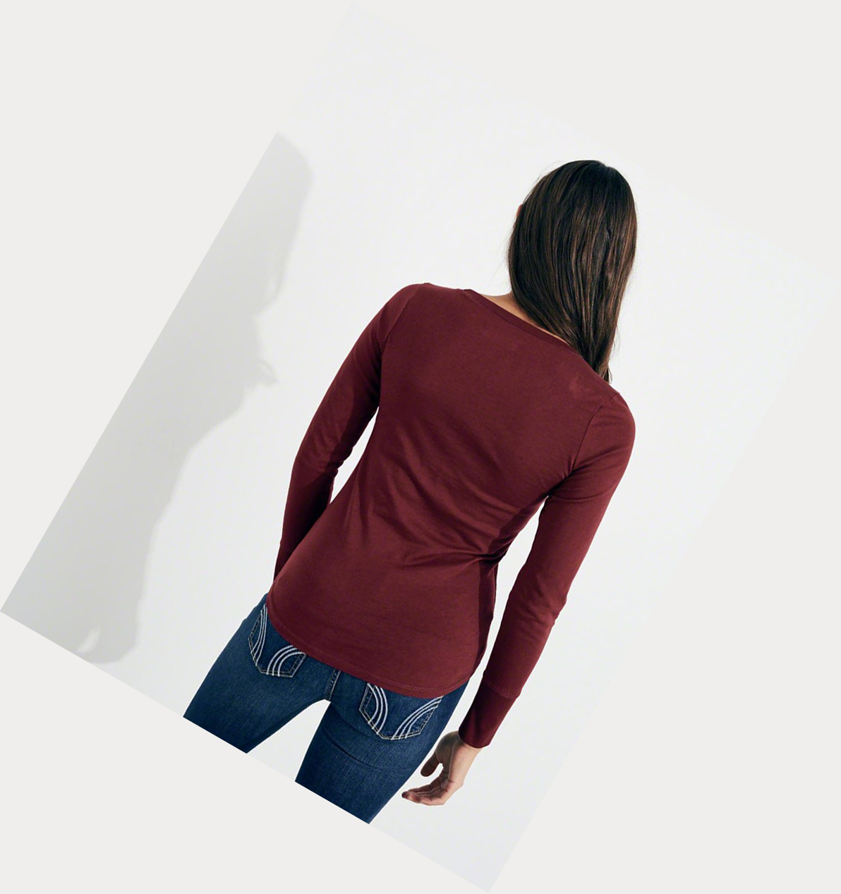 Burgundy Hollister Slim Crew Women's Long Sleeve | ZA-RDSW594