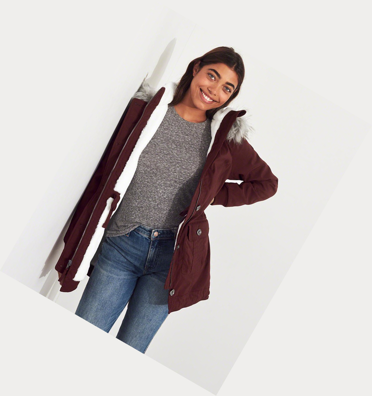 Burgundy Hollister Stretch Cozy-Lined Women's Parka Jackets | ZA-LHFM392