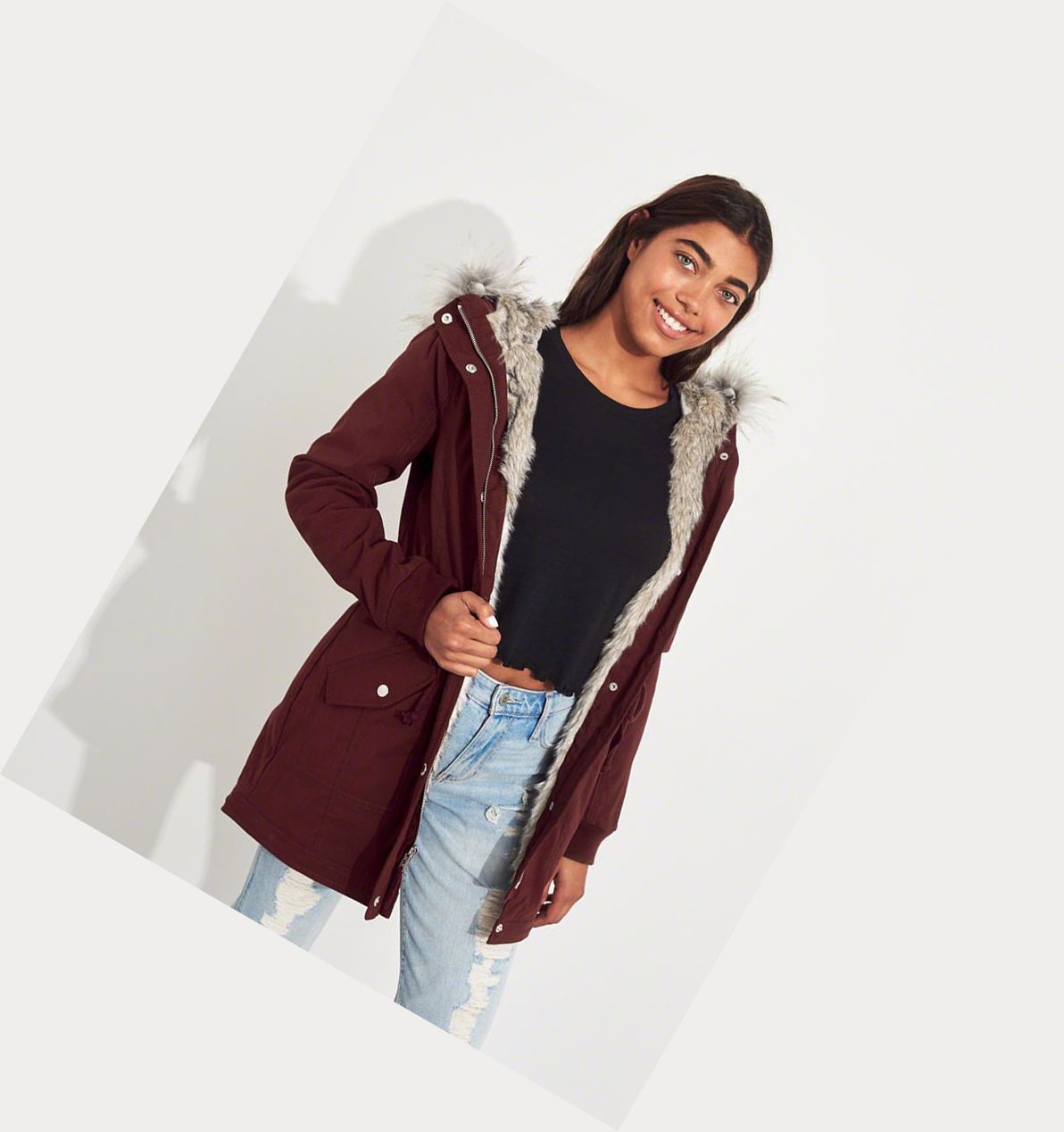 Burgundy Hollister Stretch Faux-Fur-Lined Women's Parka Jackets | ZA-LTPZ341