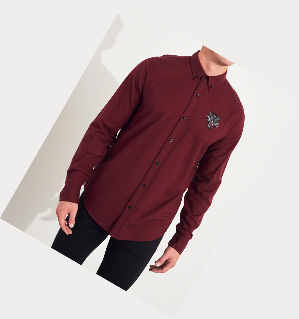 Burgundy Hollister Stretch Oxford Men's Long Sleeve | ZA-JXCM520