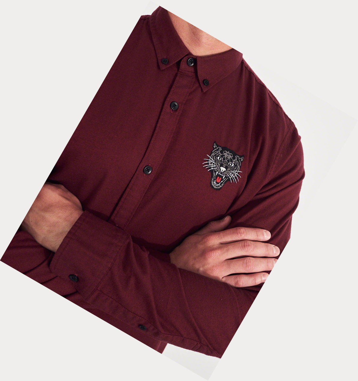 Burgundy Hollister Stretch Oxford Men's Long Sleeve | ZA-JXCM520