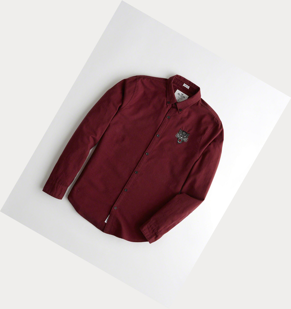 Burgundy Hollister Stretch Oxford Men\'s Long Sleeve | ZA-JXCM520