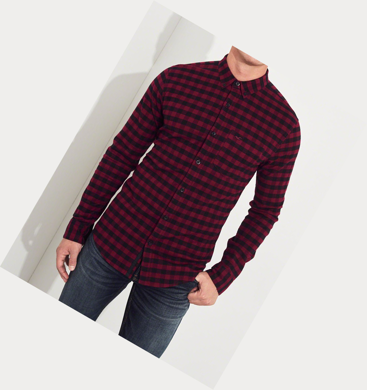 Burgundy Hollister Stretch Oxford Muscle Fit Men's Long Sleeve | ZA-RCQJ813