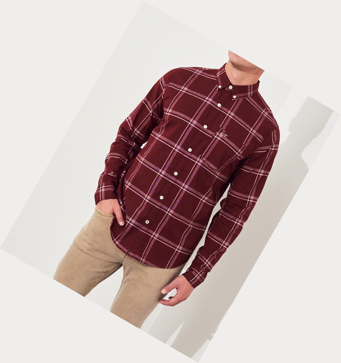 Burgundy Hollister Stretch Plaid Poplin Men's Long Sleeve | ZA-TLZY106