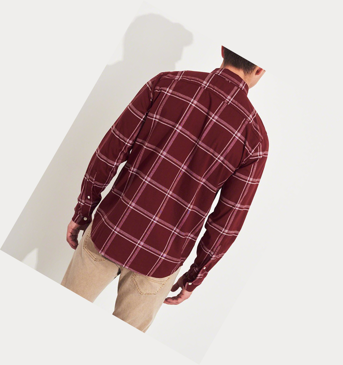 Burgundy Hollister Stretch Plaid Poplin Men's Long Sleeve | ZA-TLZY106