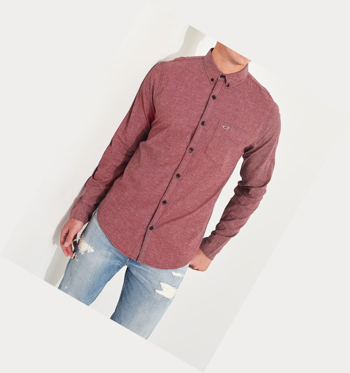 Burgundy Hollister Stretch Poplin Men's Long Sleeve | ZA-XVEW379