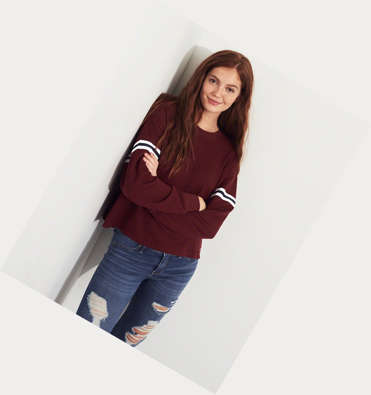 Burgundy Hollister Stripe Waffle Boyfriend Women's Long Sleeve | ZA-JKGU403