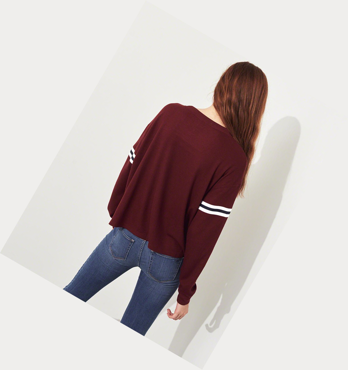 Burgundy Hollister Stripe Waffle Boyfriend Women's Long Sleeve | ZA-JKGU403