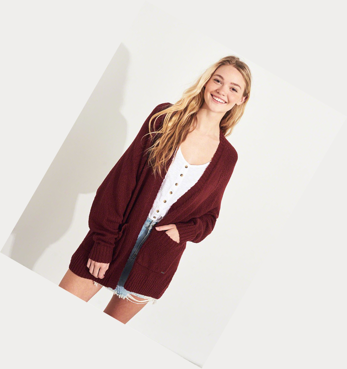 Burgundy Hollister Textured Oversized Cardigan Women's Sweaters | ZA-IRBJ148