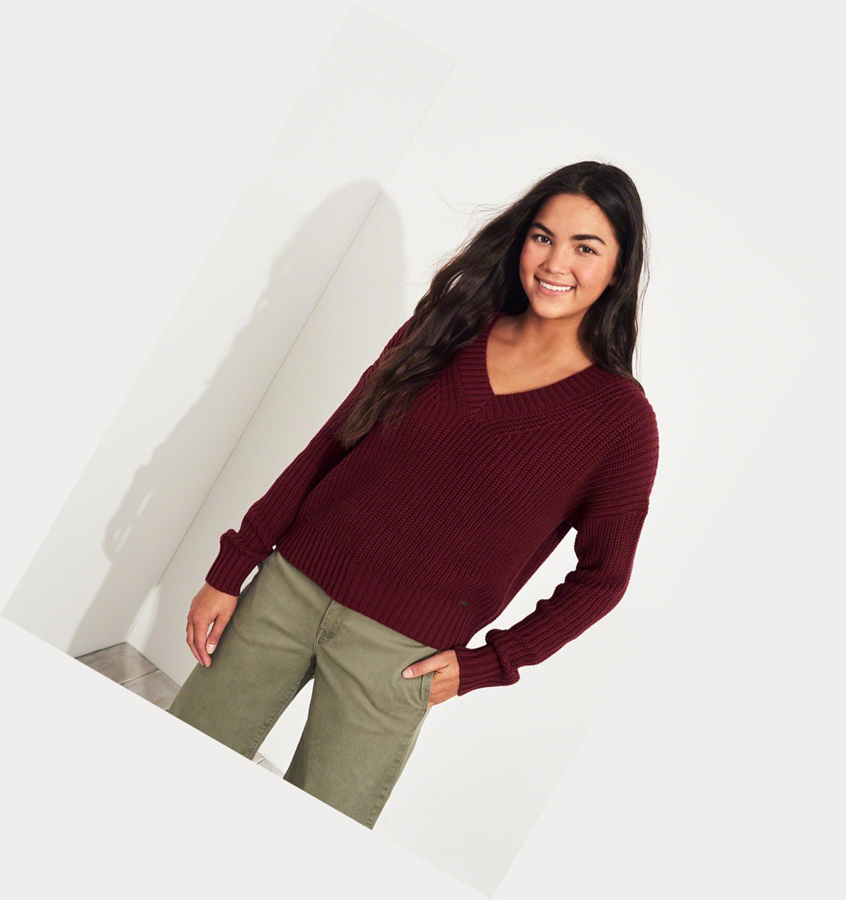 Burgundy Hollister V-Neck Women's Sweaters | ZA-OPUS437