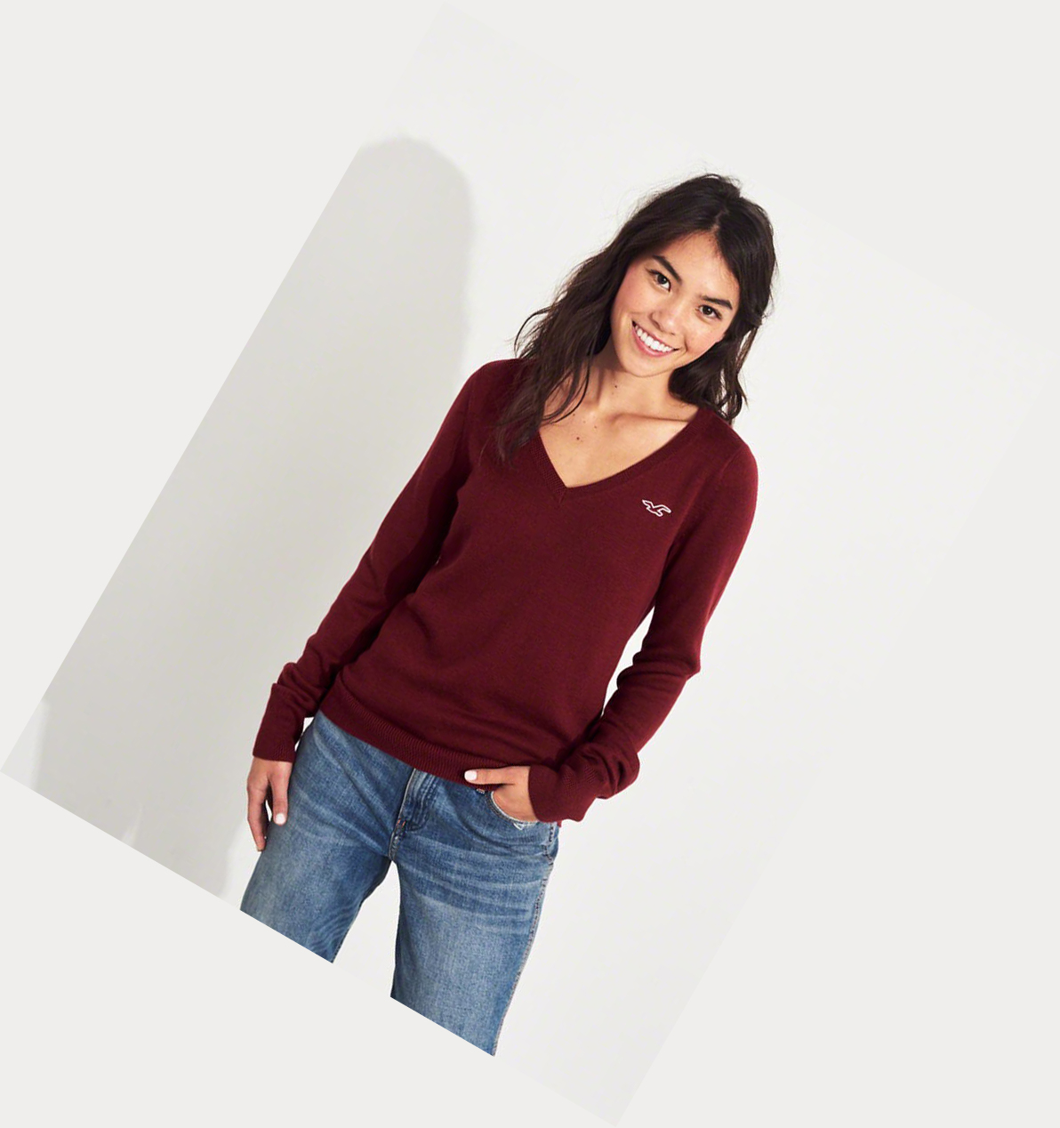 Burgundy Hollister V-Neck Women's Sweaters | ZA-XOUC486