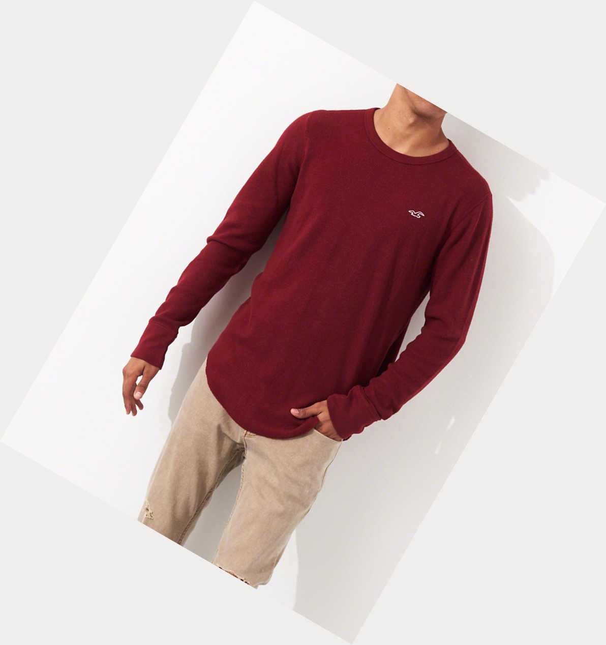 Burgundy Hollister Waffle Curved Hem Men's Long Sleeve | ZA-LVQW360