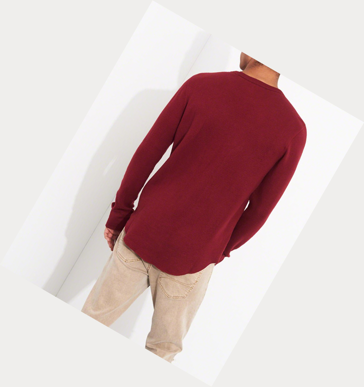 Burgundy Hollister Waffle Curved Hem Men's Long Sleeve | ZA-LVQW360