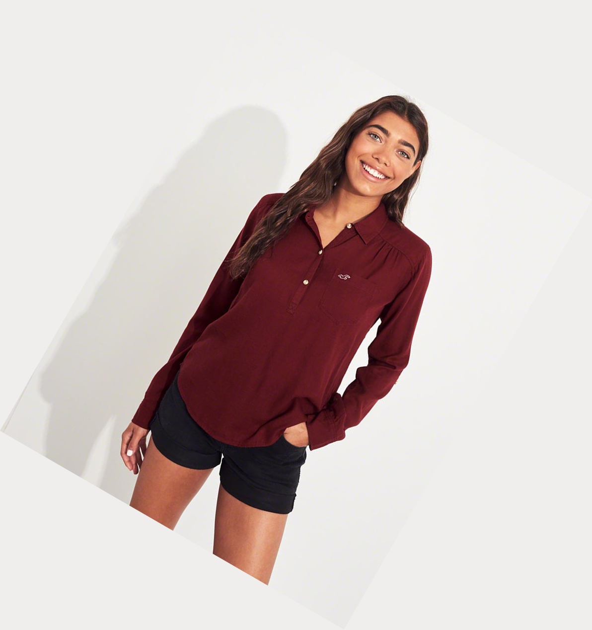 Burgundy Hollister Woven Popover Women's Long Sleeve | ZA-MOBE371