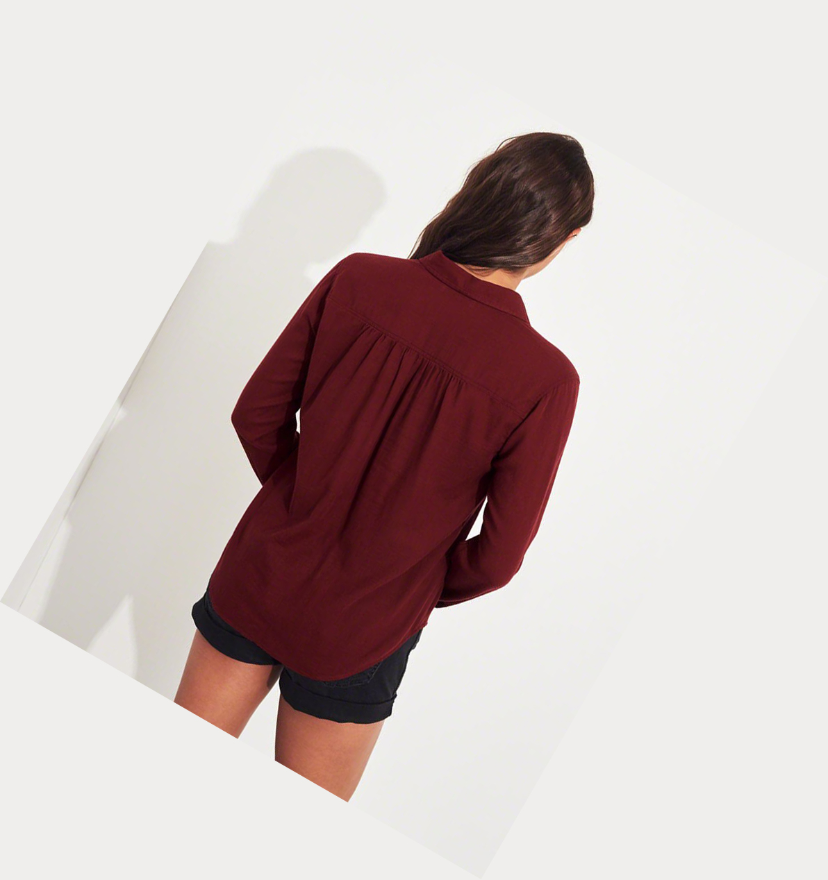 Burgundy Hollister Woven Popover Women's Long Sleeve | ZA-MOBE371