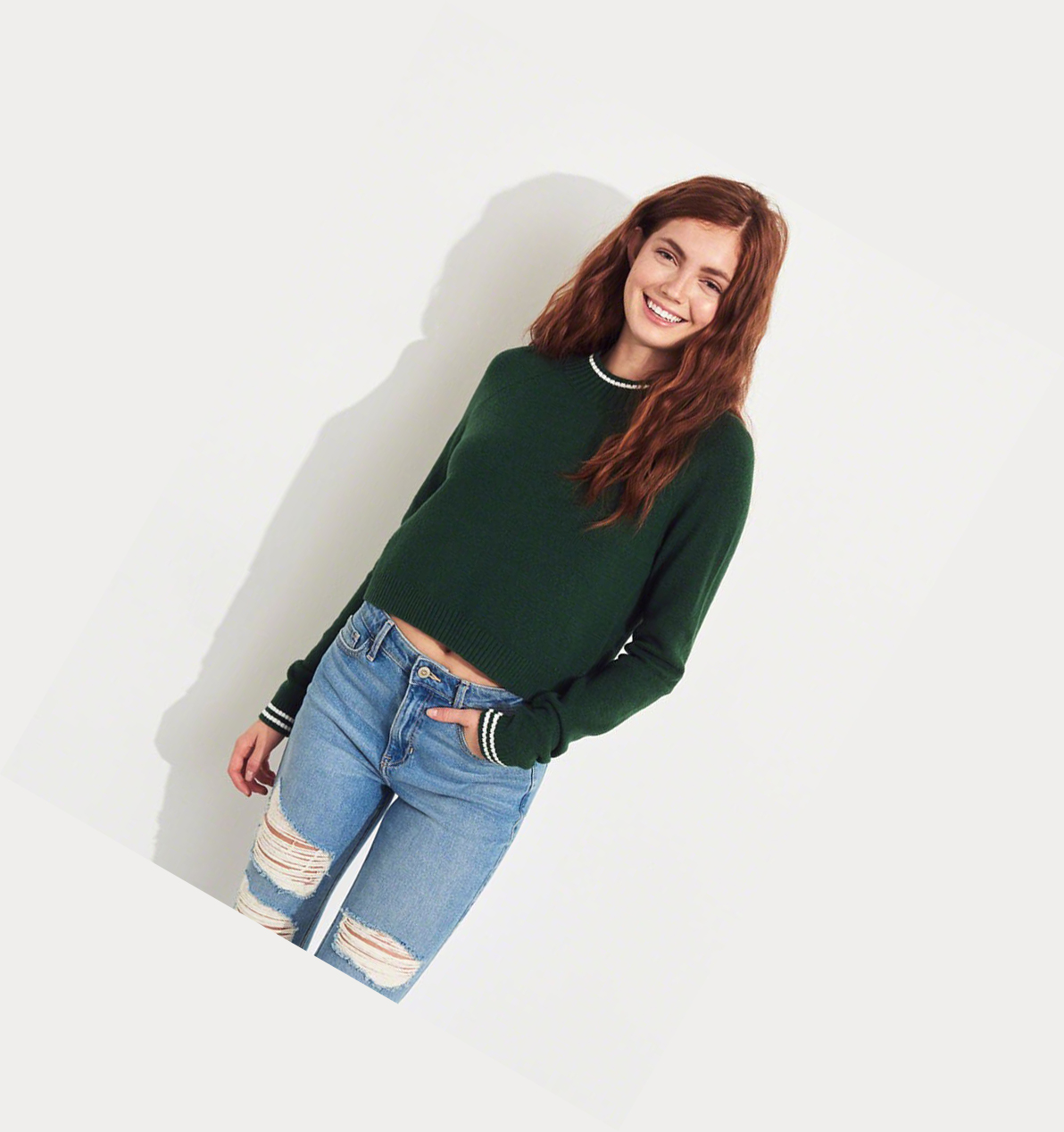 Green Hollister Crop Crewneck Women's Sweaters | ZA-FGKM613