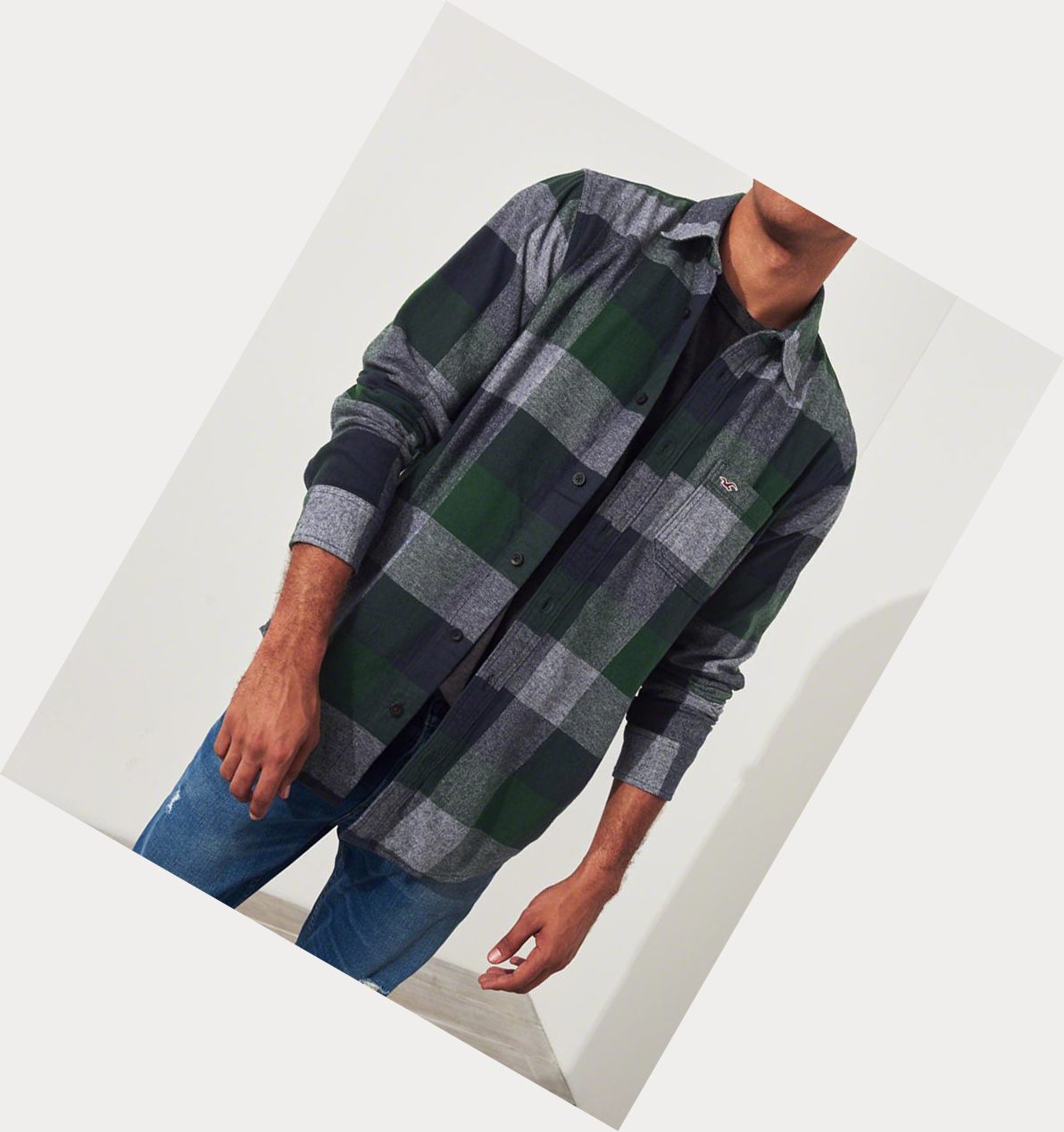 Green Hollister Plaid Flannel Men's Long Sleeve | ZA-XMHU549