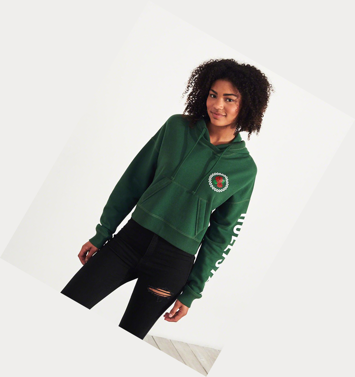 Green Hollister Rose Graphic Crop Women's Hoodie | ZA-CFPL291