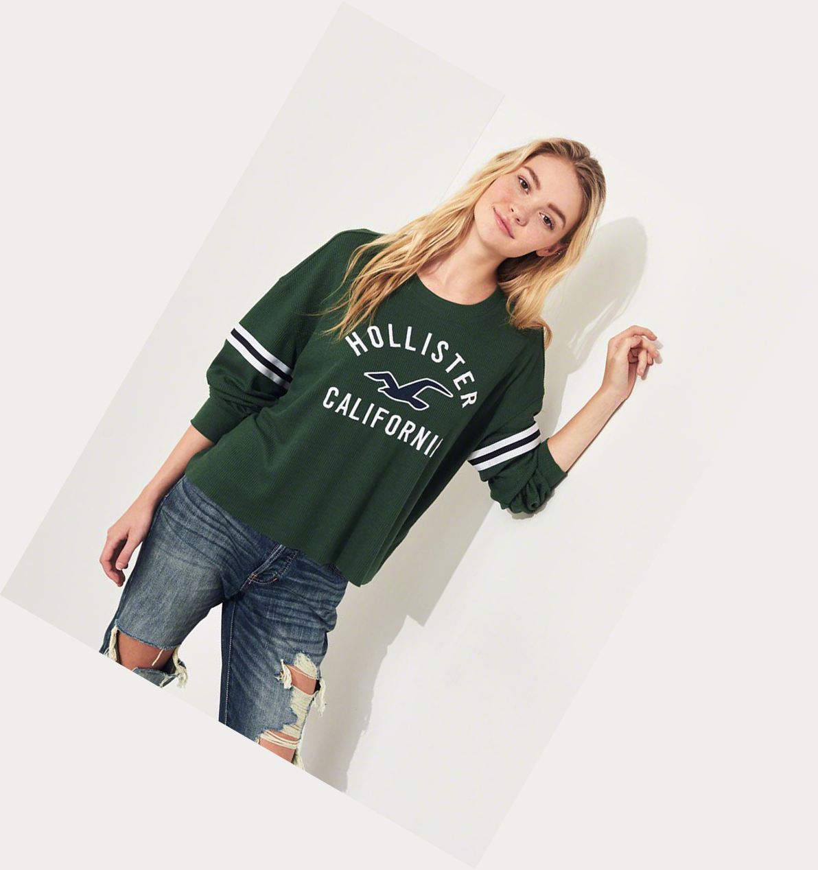 Green Hollister Waffle Boyfriend Women's Long Sleeve | ZA-KMUQ257