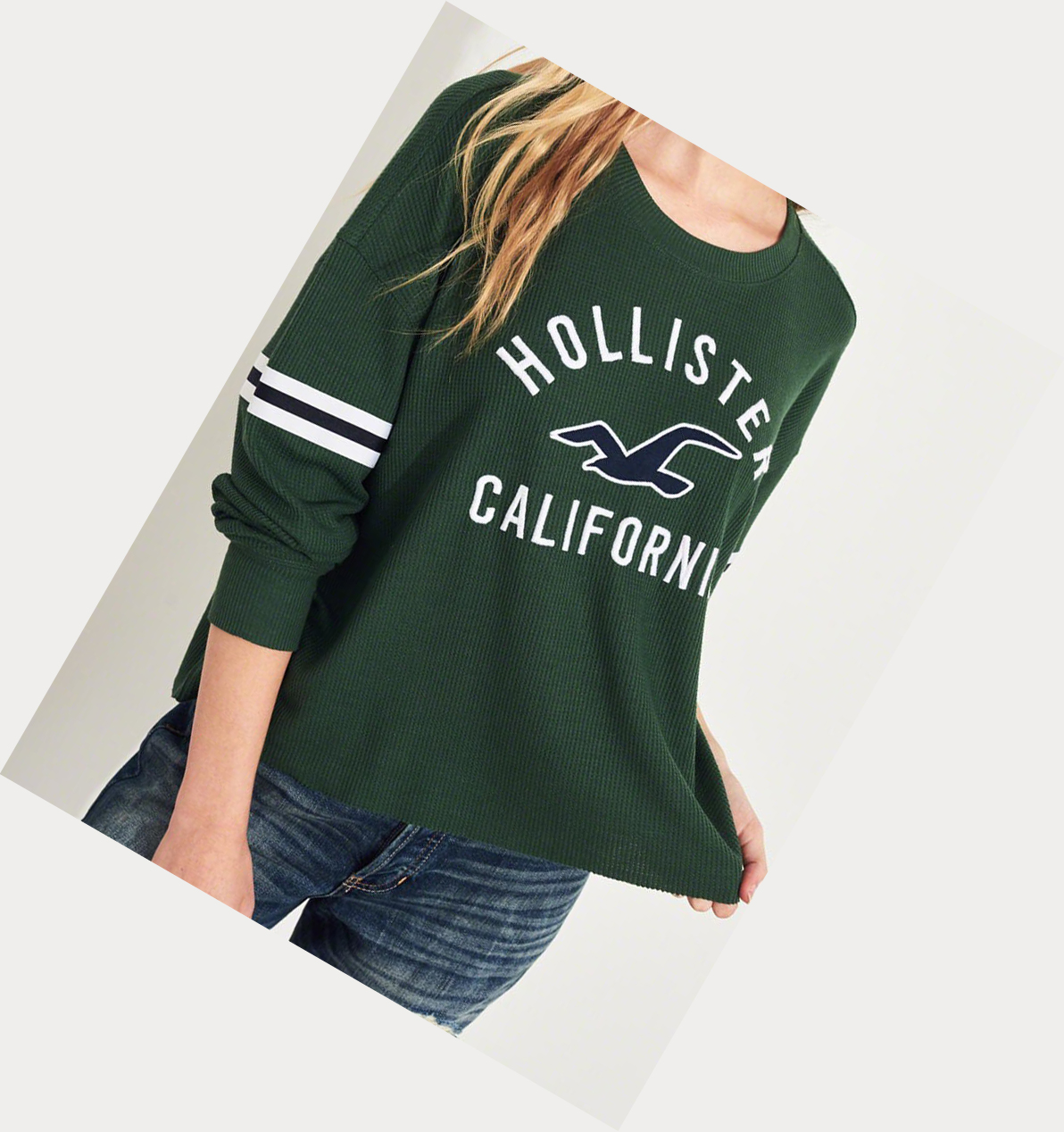 Green Hollister Waffle Boyfriend Women's Long Sleeve | ZA-KMUQ257