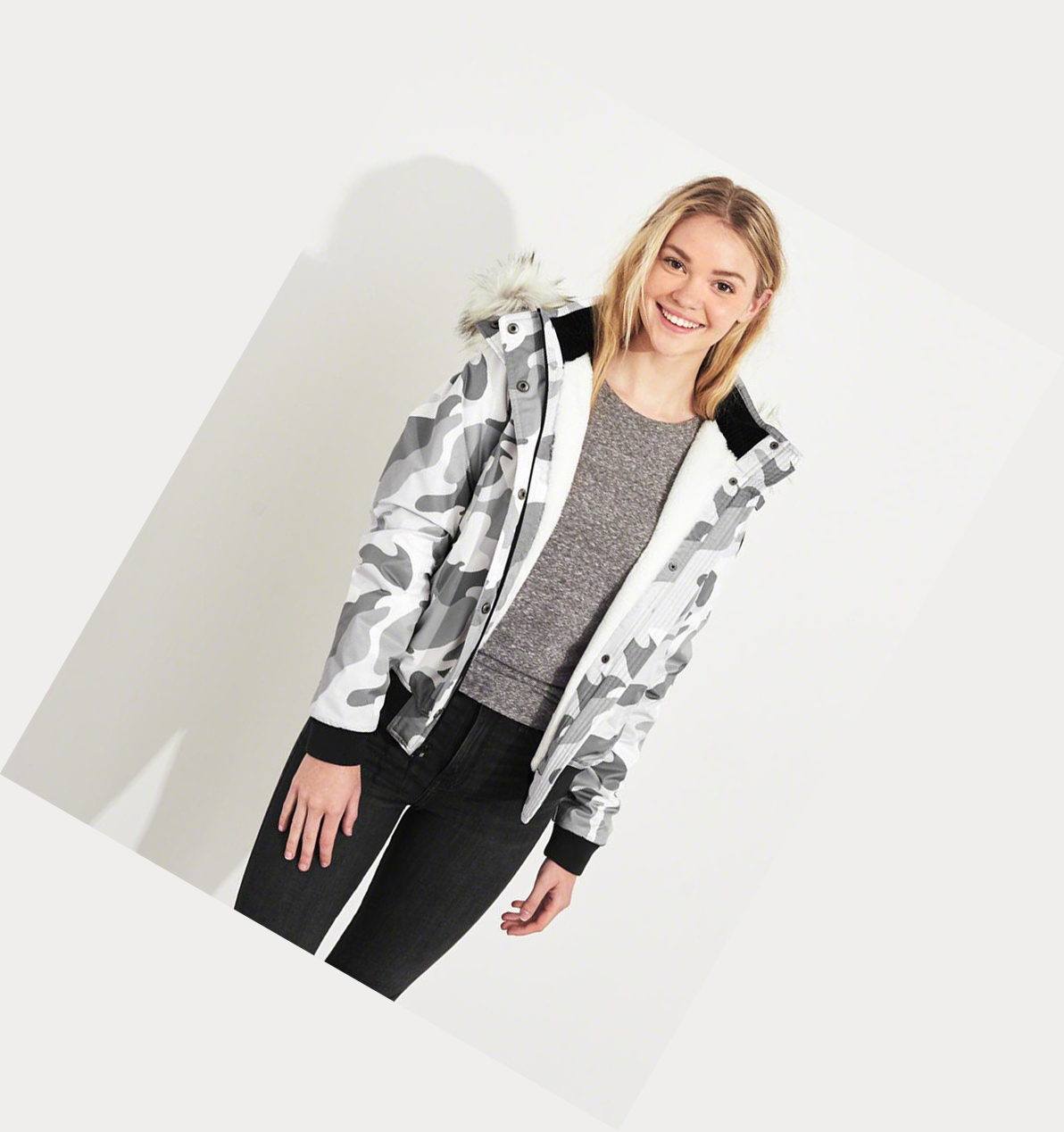 Grey Camo Hollister Cozy-Lined Hooded Women's Bomber Jackets | ZA-OBJF548