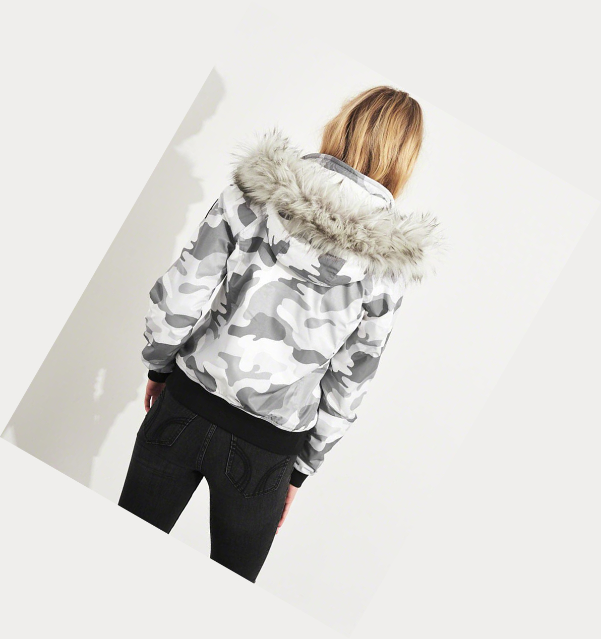 Grey Camo Hollister Cozy-Lined Hooded Women's Bomber Jackets | ZA-OBJF548