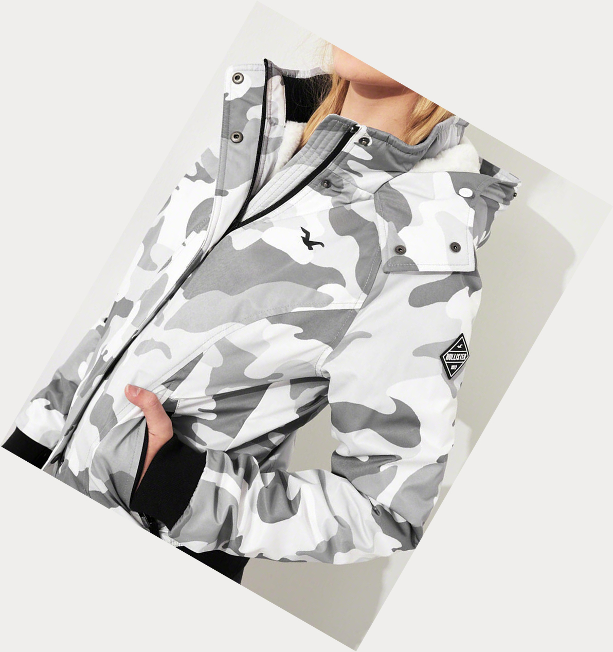 Grey Camo Hollister Cozy-Lined Hooded Women's Bomber Jackets | ZA-OBJF548