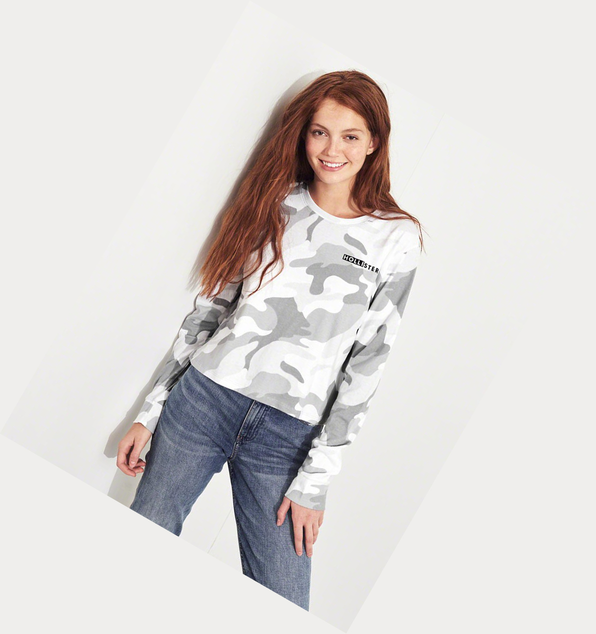 Grey Camo Hollister Logo Crop Women's Long Sleeve | ZA-BICV031