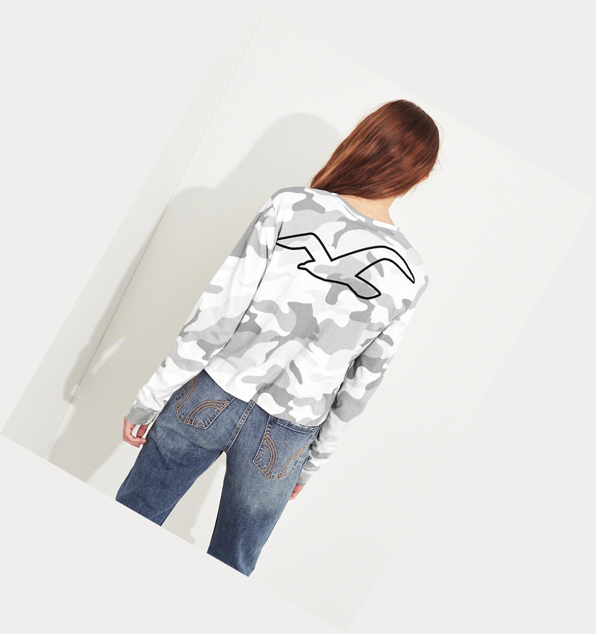 Grey Camo Hollister Logo Crop Women's Long Sleeve | ZA-BICV031