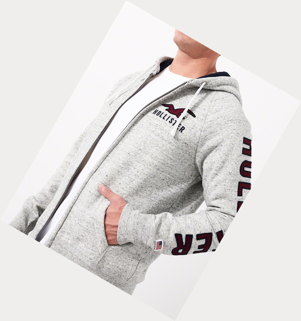 Grey Hollister Applique Logo Full-Zip Men's Hoodie | ZA-TDCJ391